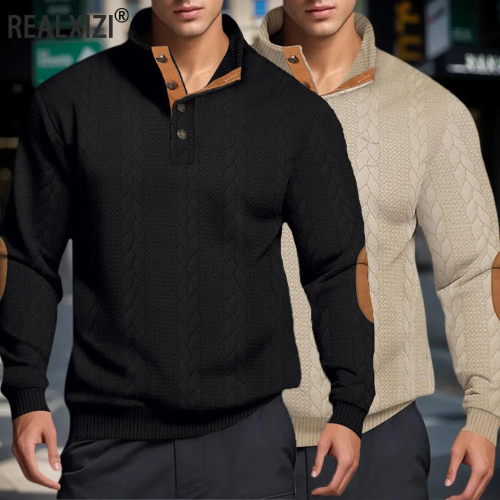 Suéter de punto jacquard para hombre, cuello alto con botones, suéteres abrigados sin cierre (tipo polo), sudadera informal de manga larga para exteriores.