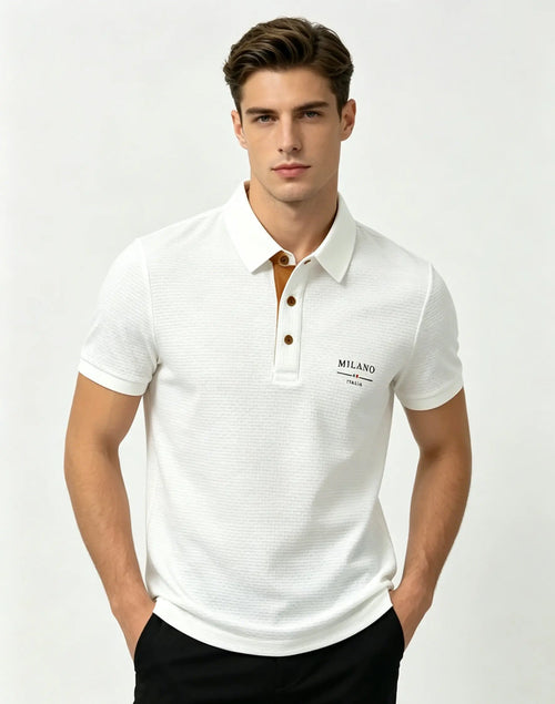 "Playera polo para hombre con diseño jacquard de letras 'Milano Italia', tejido transpirable de secado rápido, top de manga corta casual de negocios, para exteriores y uso diario."