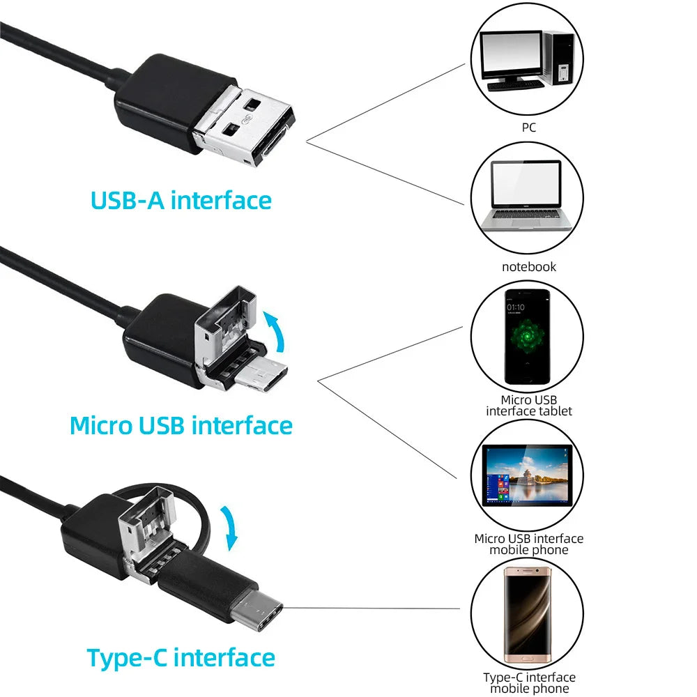 KERUI 3-in-1 Endoscope Camera for Android PC Mini Camera 7mm Flexible Waterproof Inspection Borescope for Pipeline Maintenance