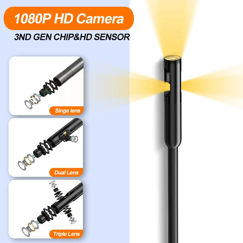 Triple Lens Industrial Endoscope Camera 4.3'' IPS Screen HD1080P Single Dual Pipe Car Inspection USB Borescope Waterproof LEDs