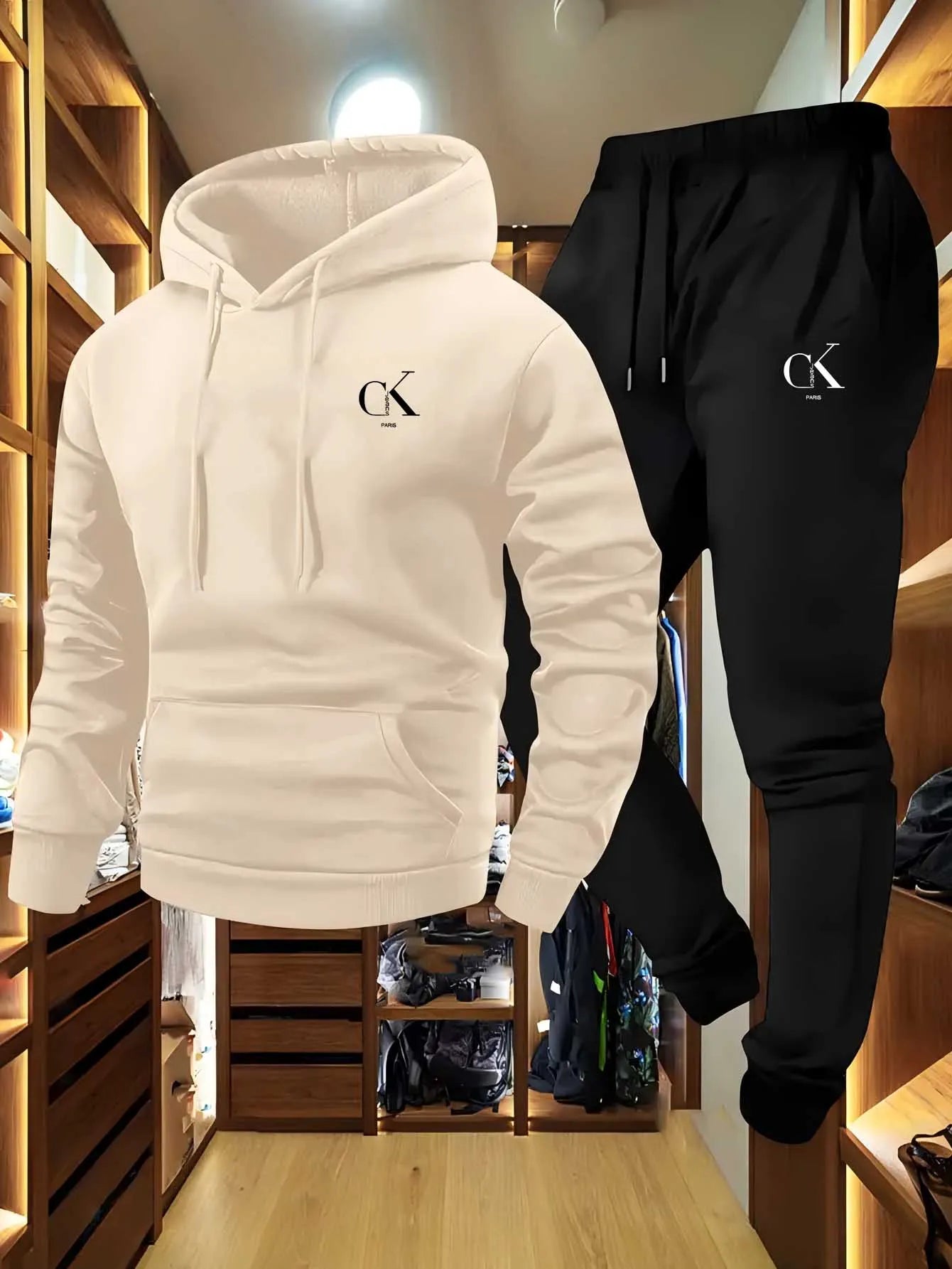 Conjunto de sudadera con capucha y pantalón deportivo para hombre: ropa de descanso casual en color gris con bolsillos, capucha con cordón ajustable y pretina acanalada, ideal para una comodidad de temporada."