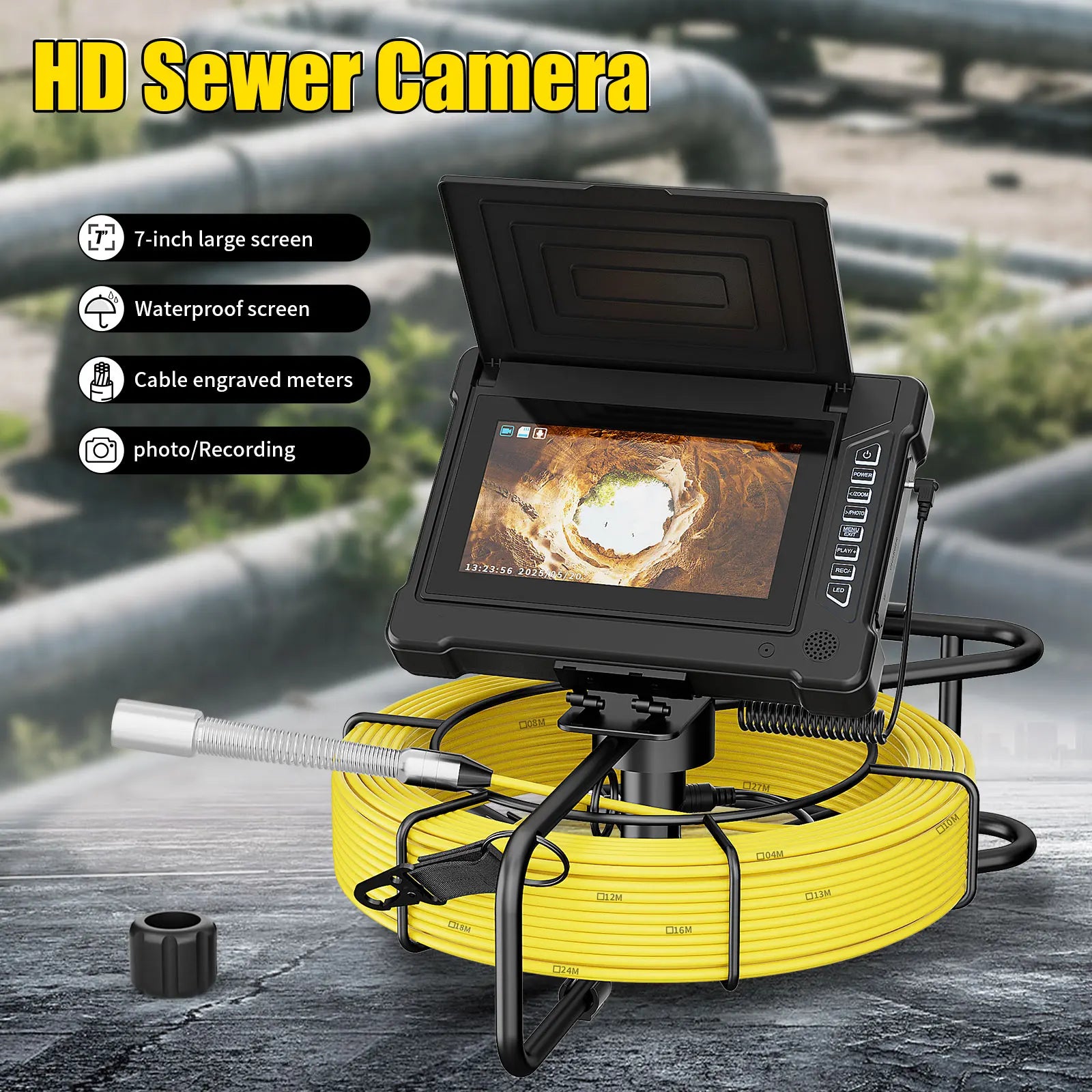7" Sewer Pipe Inspection Camera Drain Sewer Pipeline Industrial Endoscope DVR Video Recording Plumbing Snake Camera