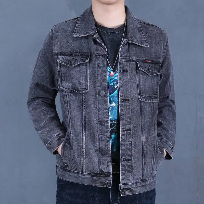 Retro American Denim Jacket for Men Loose Workwear Spring Autumn Multi Pocket Casual Style Cotton Long Sleeve Button Closure