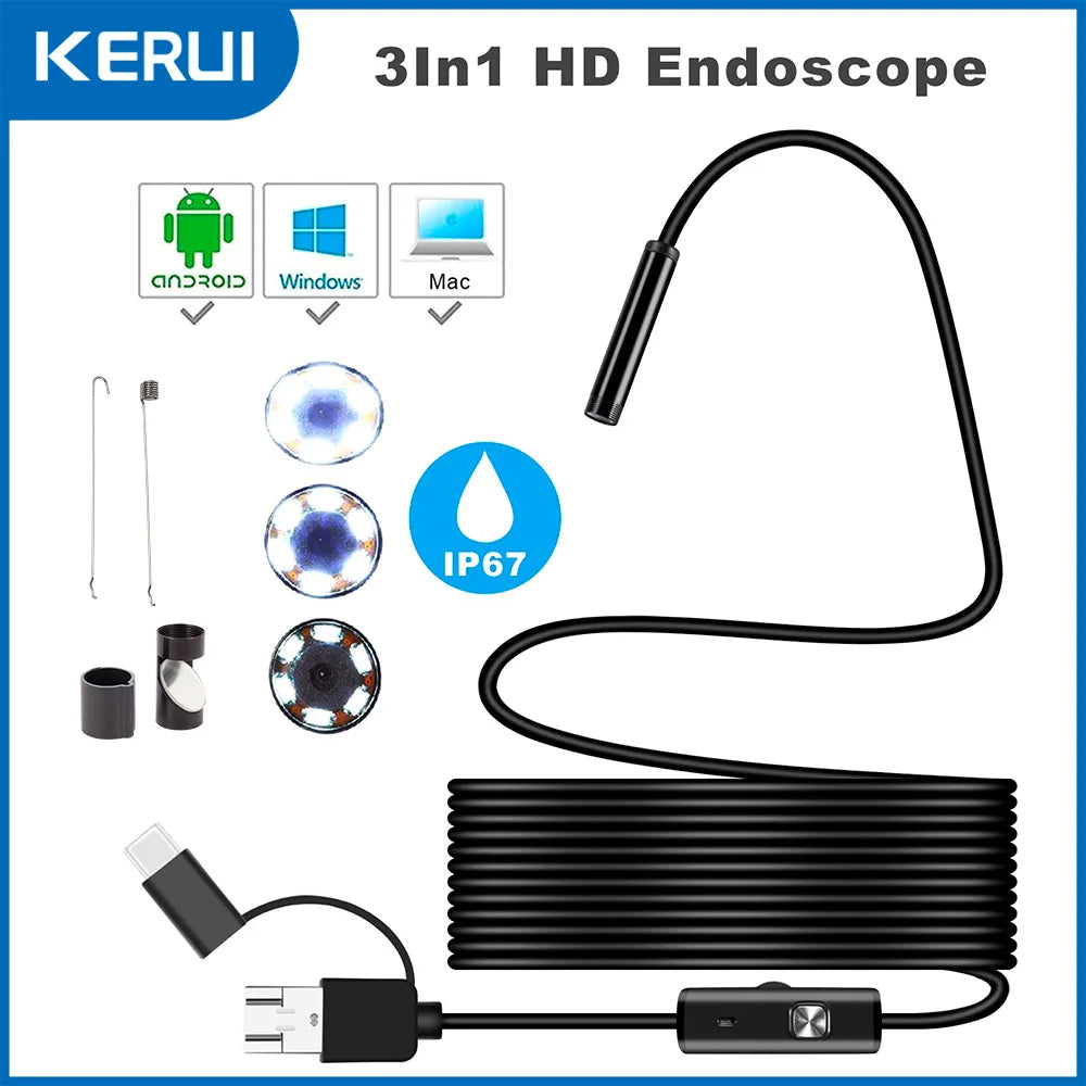 KERUI 3-in-1 Endoscope Camera for Android PC Mini Camera 7mm Flexible Waterproof Inspection Borescope for Pipeline Maintenance