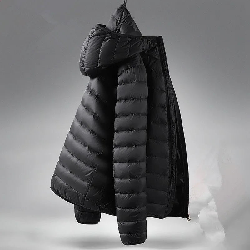 "Chaqueta acolchada ligera para hombre: abrigo corto de plumón de algodón con capucha, estilo juvenil, moderno y casual, corte cleanfit con cierre de cremallera en colores lisos."