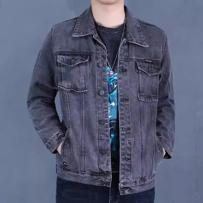Retro American Denim Jacket for Men Loose Workwear Spring Autumn Multi Pocket Casual Style Cotton Long Sleeve Button Closure
