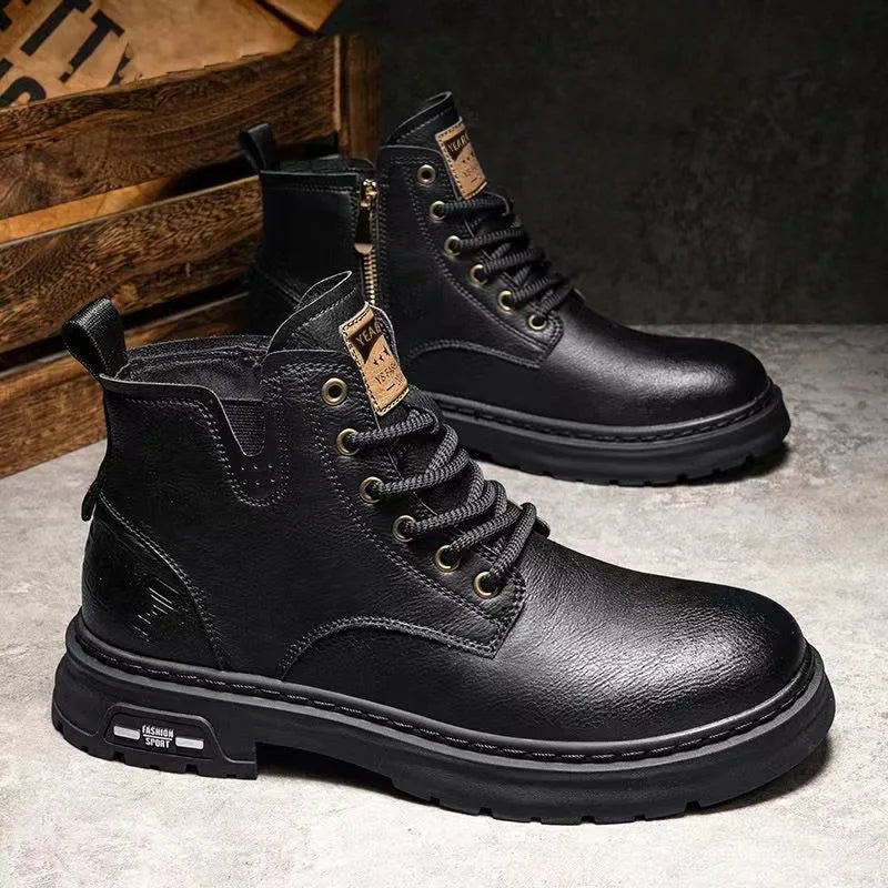 "Botas de moda estilo casual de negocios para hombre: botas de caña corta para primavera y otoño, zapatos de cuero transpirables con elementos de costura decorativa.
