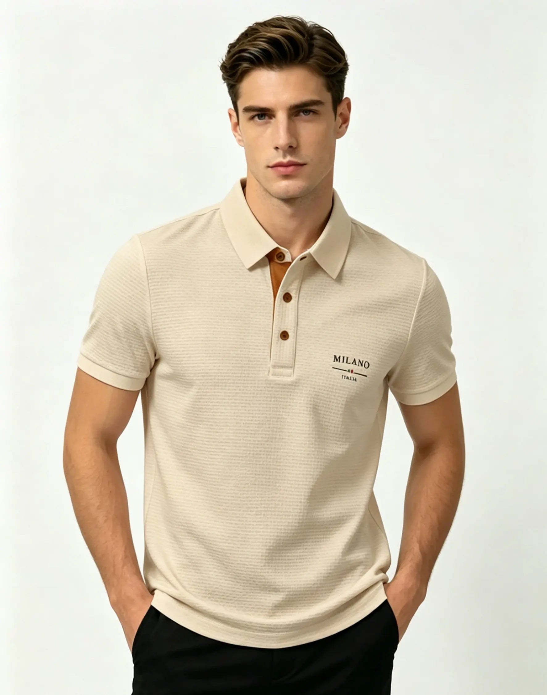 "Playera polo para hombre con diseño jacquard de letras 'Milano Italia', tejido transpirable de secado rápido, top de manga corta casual de negocios, para exteriores y uso diario."