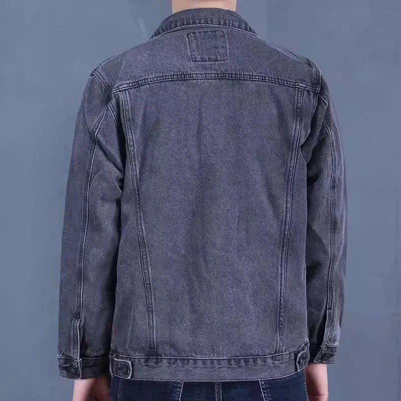 Retro American Denim Jacket for Men Loose Workwear Spring Autumn Multi Pocket Casual Style Cotton Long Sleeve Button Closure