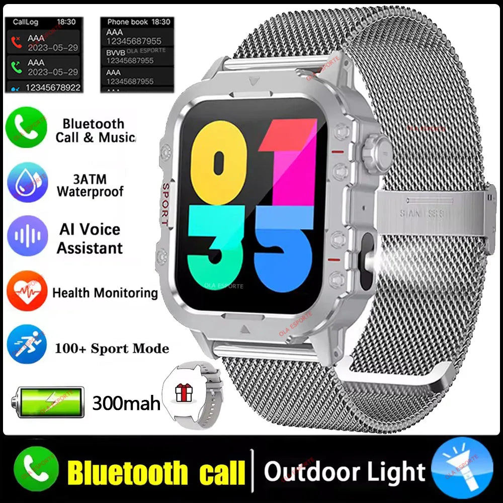 "Nuevo reloj inteligente militar para hombre: linterna LED, rastreador de actividad física y deportes al aire libre, reloj de pulsera resistente al agua IP67 / 3ATM y monitor de salud.