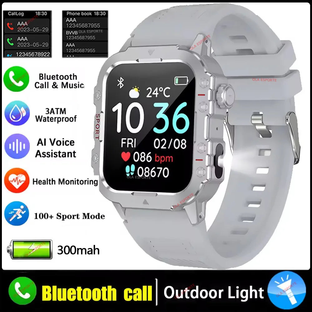 "Nuevo reloj inteligente militar para hombre: linterna LED, rastreador de actividad física y deportes al aire libre, reloj de pulsera resistente al agua IP67 / 3ATM y monitor de salud.