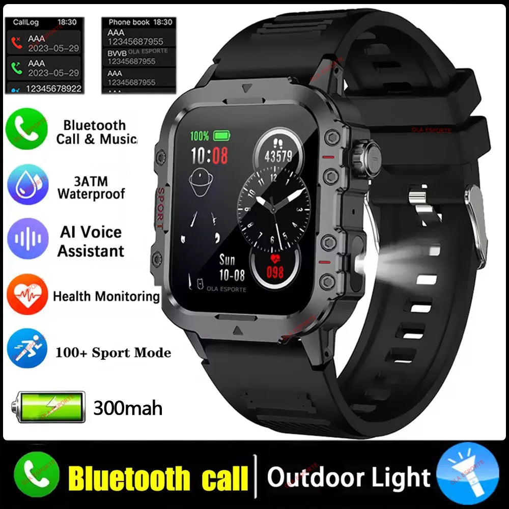 "Nuevo reloj inteligente militar para hombre: linterna LED, rastreador de actividad física y deportes al aire libre, reloj de pulsera resistente al agua IP67 / 3ATM y monitor de salud.
