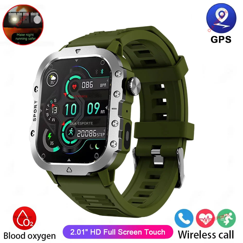 "Nuevo reloj inteligente militar para hombre: linterna LED, rastreador de actividad física y deportes al aire libre, reloj de pulsera resistente al agua IP67 / 3ATM y monitor de salud.