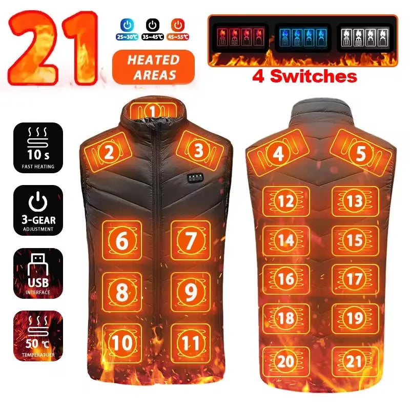 Chaleco calefactable con 21 zonas de calor, chaqueta eléctrica para hombres y mujeres, ropa deportiva, abrigo térmico de grafeno, chaqueta con calefacción USB para camping