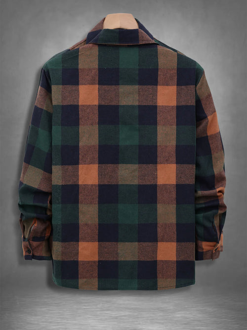 "Camisa de franela a cuadros de manga larga vintage para hombre, prenda superior informal holgada para primavera y otoño".