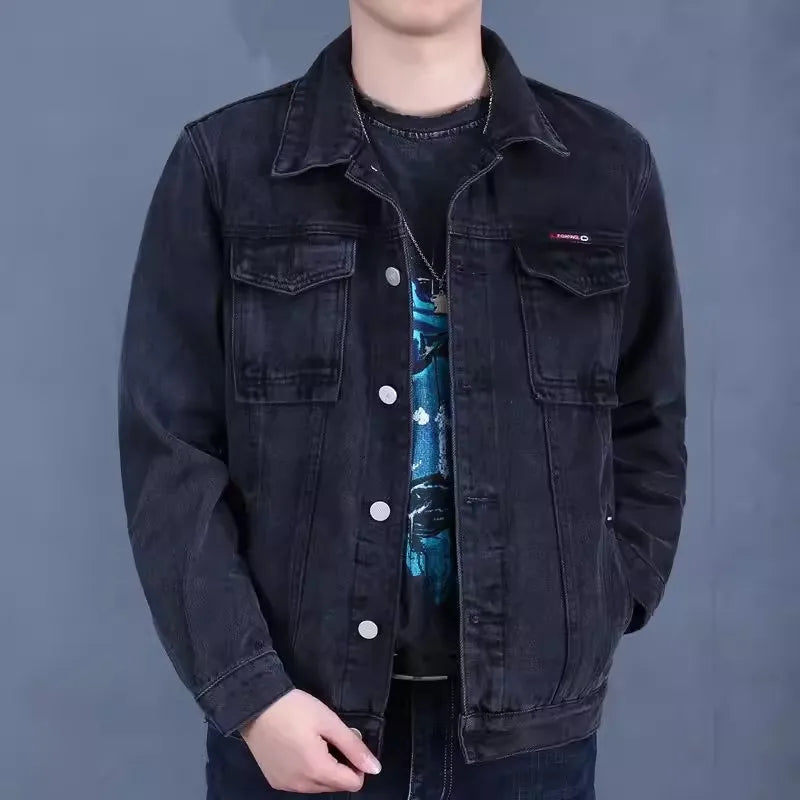 Retro American Denim Jacket for Men Loose Workwear Spring Autumn Multi Pocket Casual Style Cotton Long Sleeve Button Closure