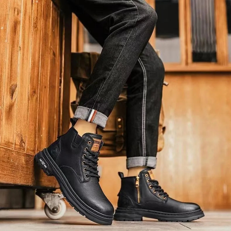 "Botas de moda estilo casual de negocios para hombre: botas de caña corta para primavera y otoño, zapatos de cuero transpirables con elementos de costura decorativa.