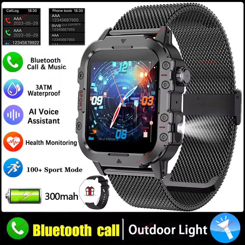 "Nuevo reloj inteligente militar para hombre: linterna LED, rastreador de actividad física y deportes al aire libre, reloj de pulsera resistente al agua IP67 / 3ATM y monitor de salud.