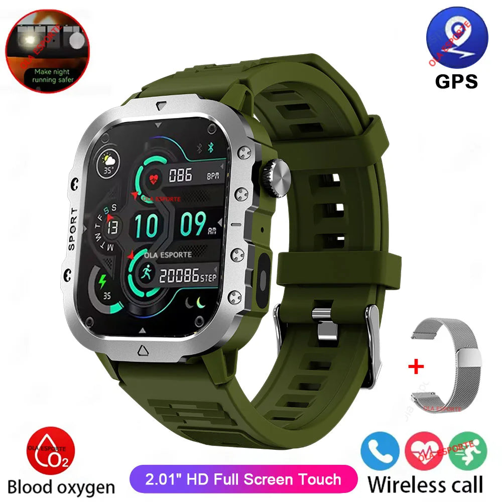 "Nuevo reloj inteligente militar para hombre: linterna LED, rastreador de actividad física y deportes al aire libre, reloj de pulsera resistente al agua IP67 / 3ATM y monitor de salud.