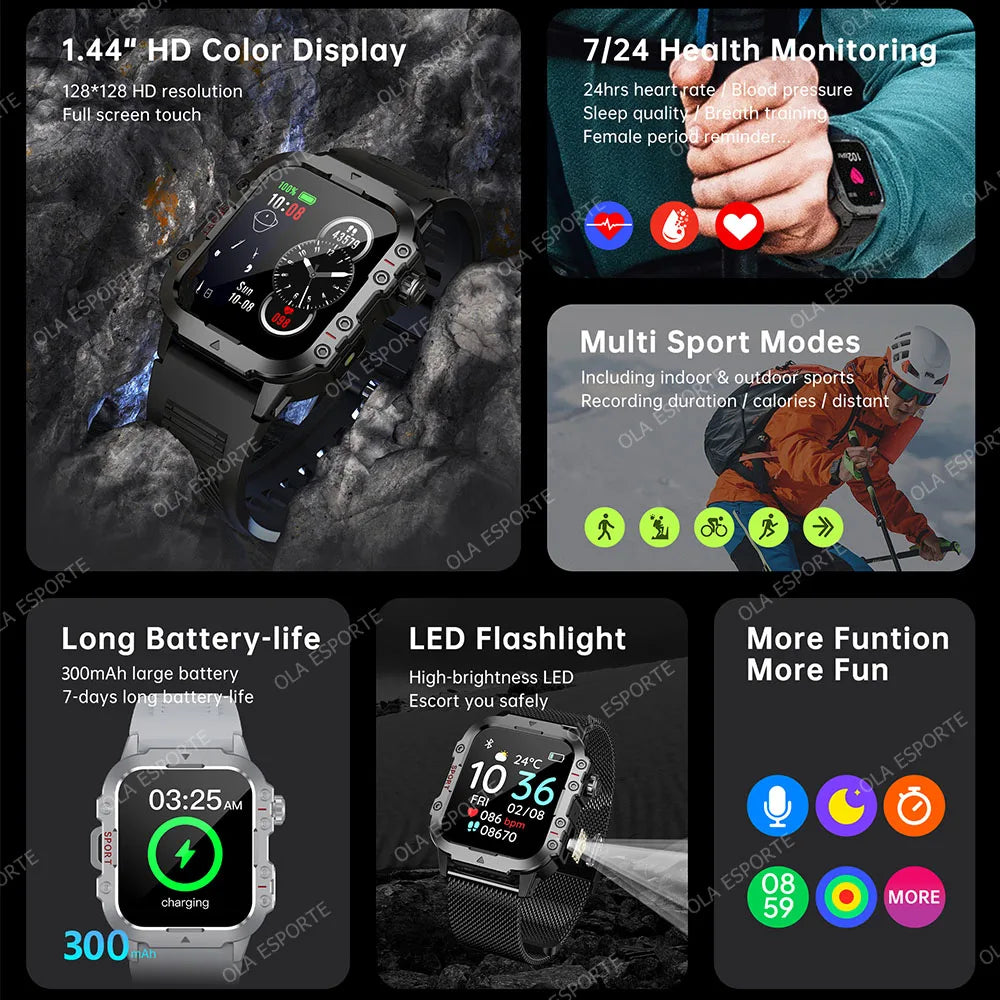"Nuevo reloj inteligente militar para hombre: linterna LED, rastreador de actividad física y deportes al aire libre, reloj de pulsera resistente al agua IP67 / 3ATM y monitor de salud.