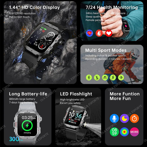 "Nuevo reloj inteligente militar para hombre: linterna LED, rastreador de actividad física y deportes al aire libre, reloj de pulsera resistente al agua IP67 / 3ATM y monitor de salud.
