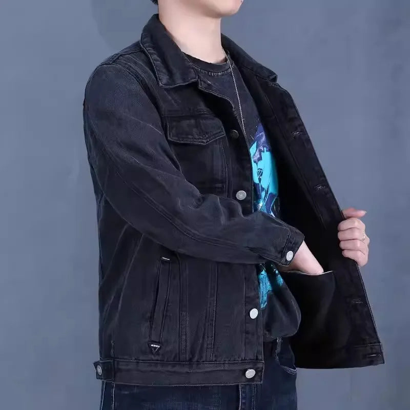 Retro American Denim Jacket for Men Loose Workwear Spring Autumn Multi Pocket Casual Style Cotton Long Sleeve Button Closure