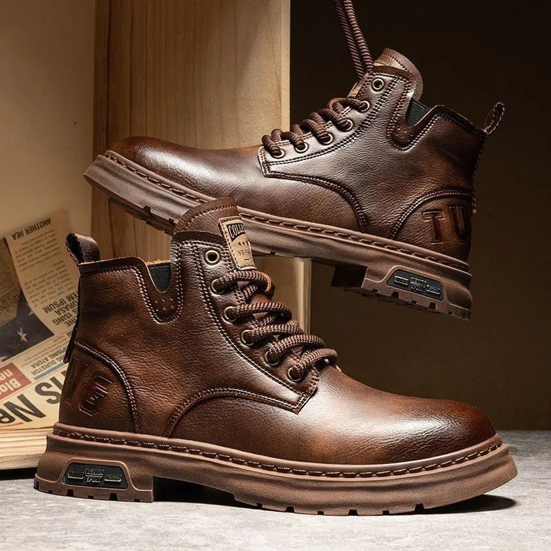 "Botas de moda estilo casual de negocios para hombre: botas de caña corta para primavera y otoño, zapatos de cuero transpirables con elementos de costura decorativa.