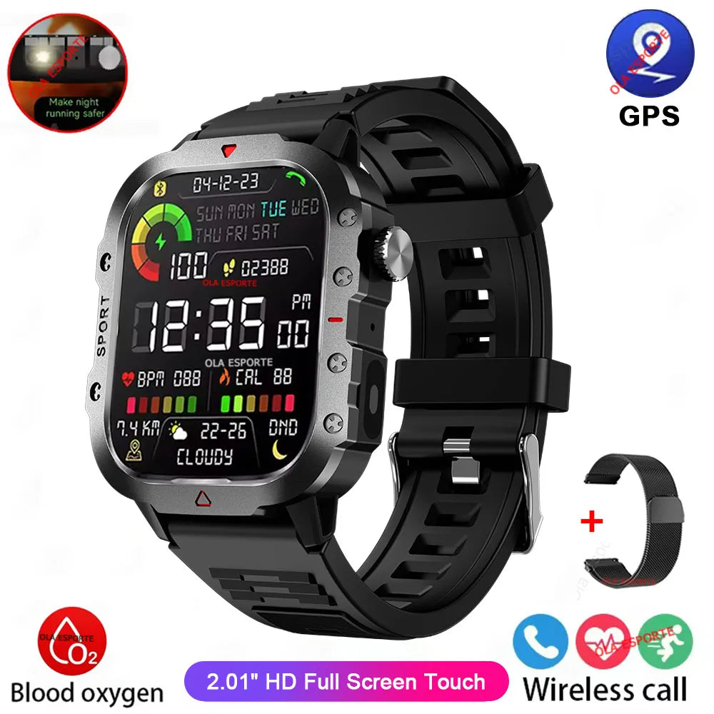 "Nuevo reloj inteligente militar para hombre: linterna LED, rastreador de actividad física y deportes al aire libre, reloj de pulsera resistente al agua IP67 / 3ATM y monitor de salud.