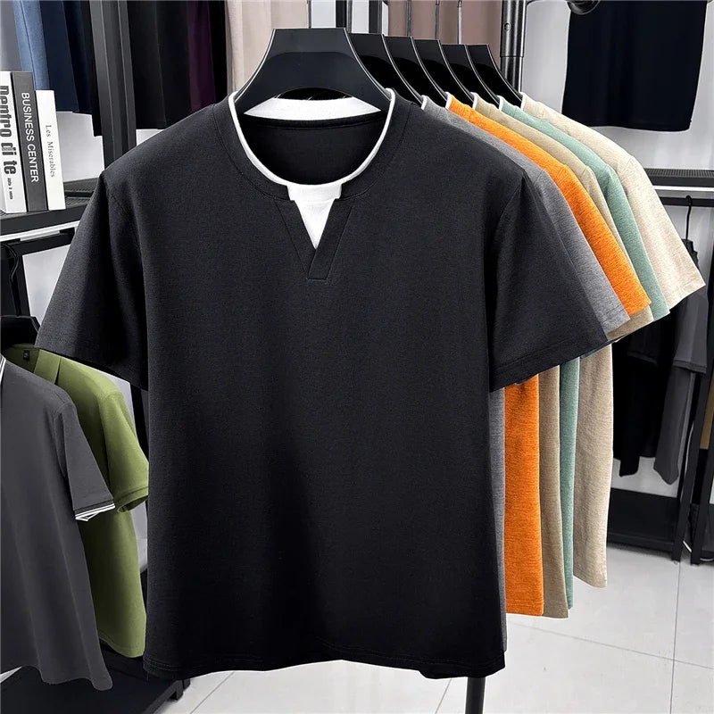 "Camiseta de moda para hombre con cuello en v, detalle falso de dos piezas, tejido suave y elástico para uso diario y casual