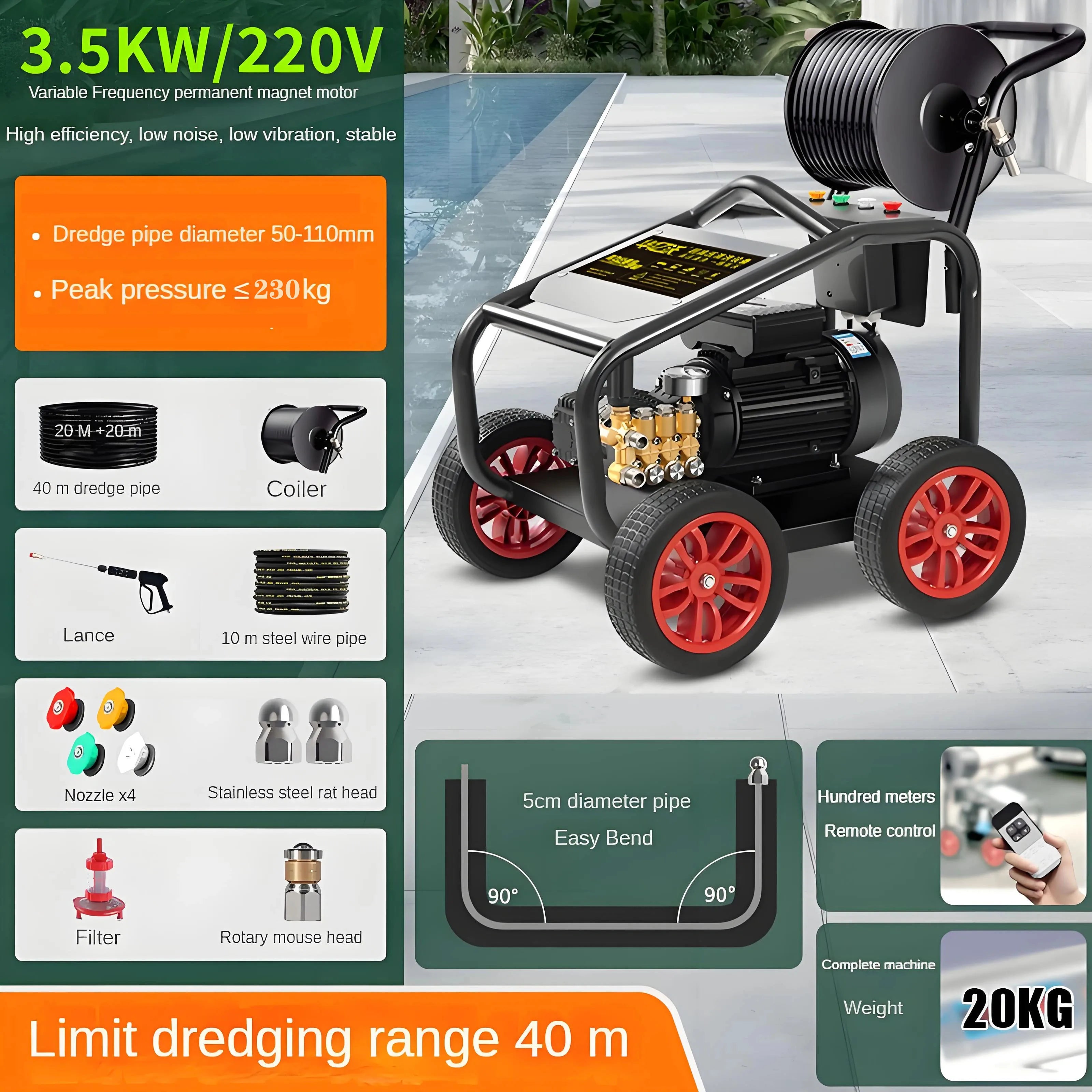 High Pressure Pipeline Dredging and Cleaning Machine with Water Gun 220V 230Bar 3500W for Sewer Dredging and Municipal Property
