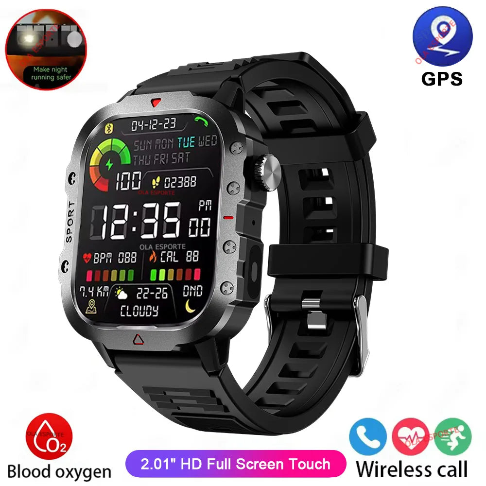 "Nuevo reloj inteligente militar para hombre: linterna LED, rastreador de actividad física y deportes al aire libre, reloj de pulsera resistente al agua IP67 / 3ATM y monitor de salud.