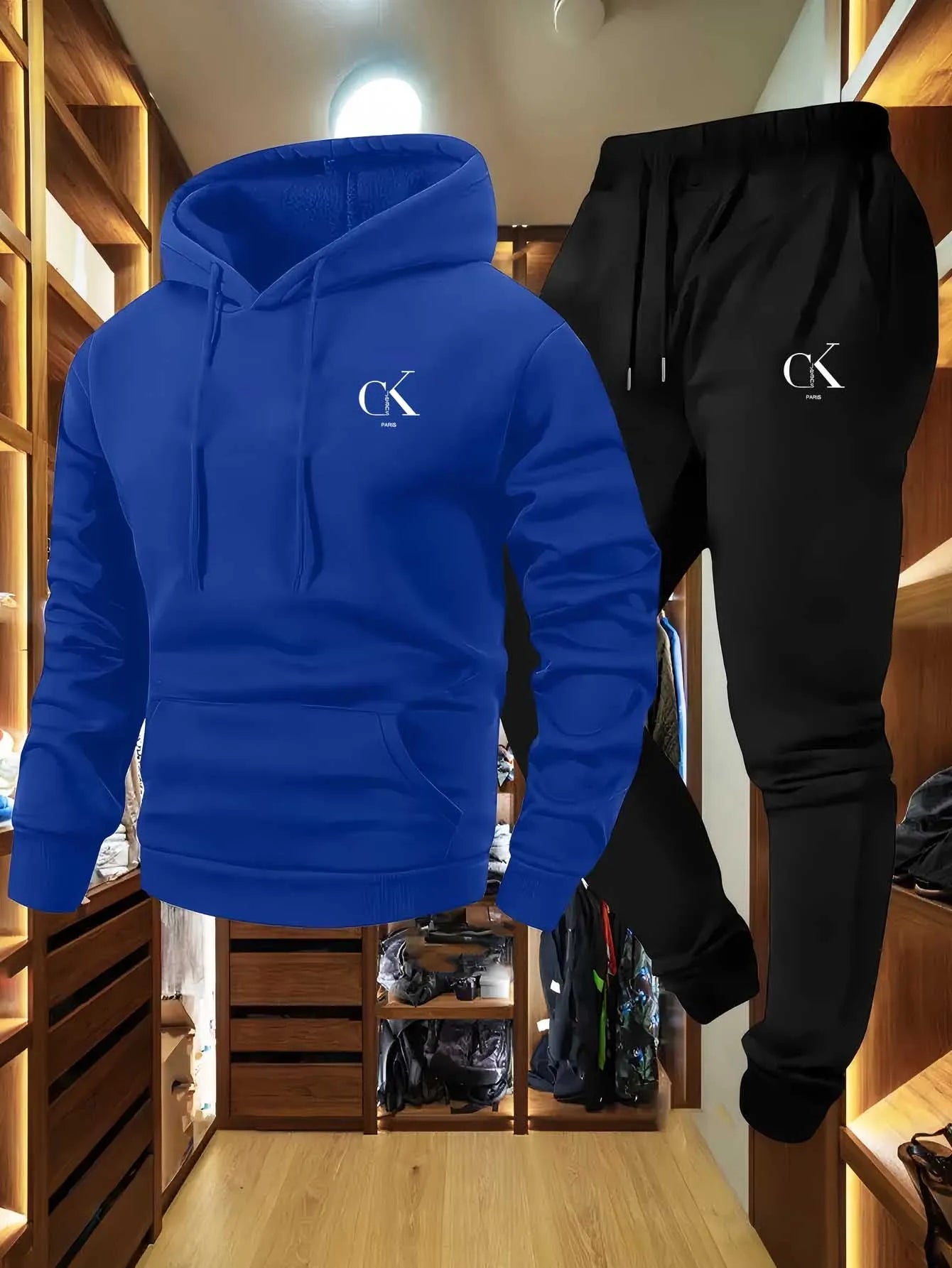 Conjunto de sudadera con capucha y pantalón deportivo para hombre: ropa de descanso casual en color gris con bolsillos, capucha con cordón ajustable y pretina acanalada, ideal para una comodidad de temporada."