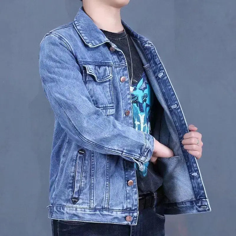 Retro American Denim Jacket for Men Loose Workwear Spring Autumn Multi Pocket Casual Style Cotton Long Sleeve Button Closure