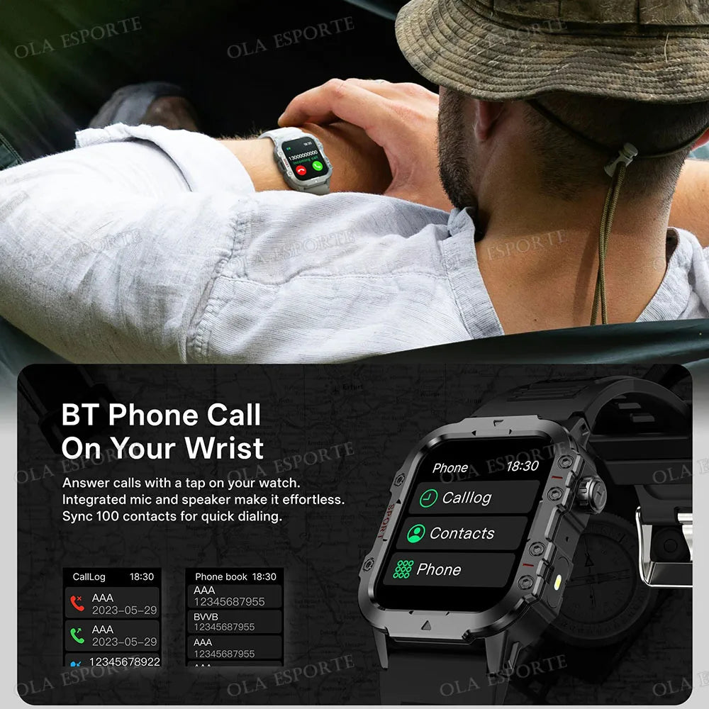 "Nuevo reloj inteligente militar para hombre: linterna LED, rastreador de actividad física y deportes al aire libre, reloj de pulsera resistente al agua IP67 / 3ATM y monitor de salud.