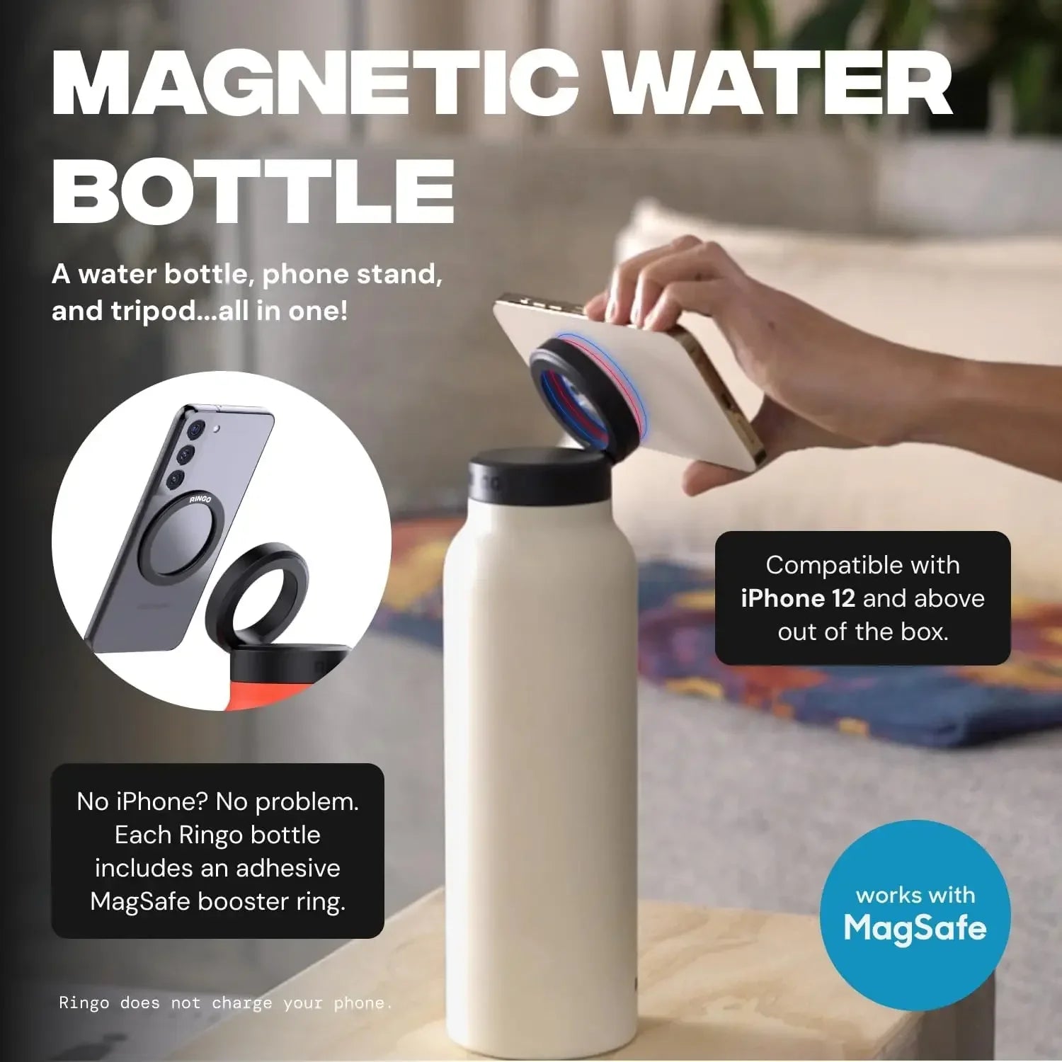 Insulated Sports Water Bottle With Magnetic Phone Holder Mount Stand For Gym Outdoor Activities Daily Hydration