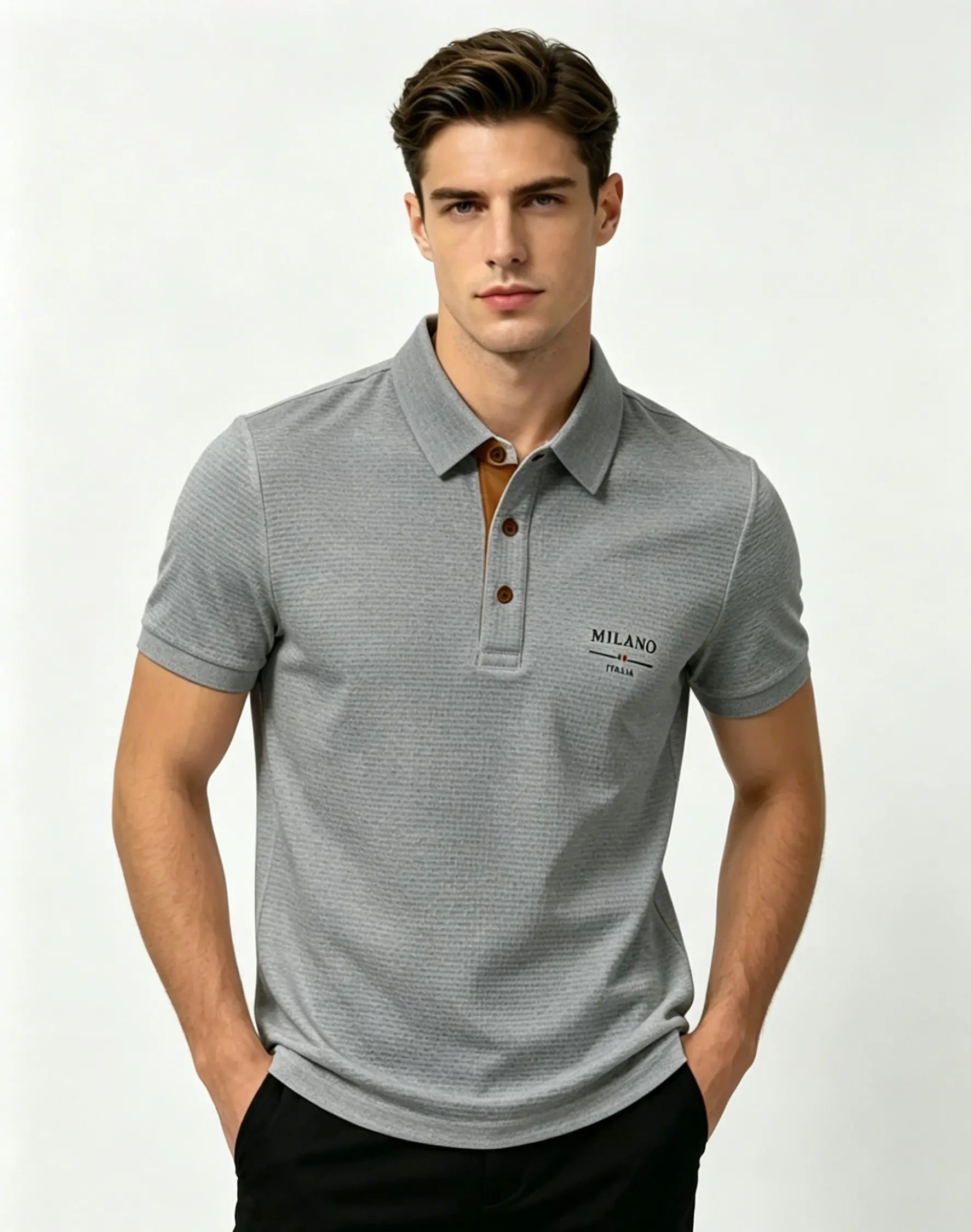 "Playera polo para hombre con diseño jacquard de letras 'Milano Italia', tejido transpirable de secado rápido, top de manga corta casual de negocios, para exteriores y uso diario."
