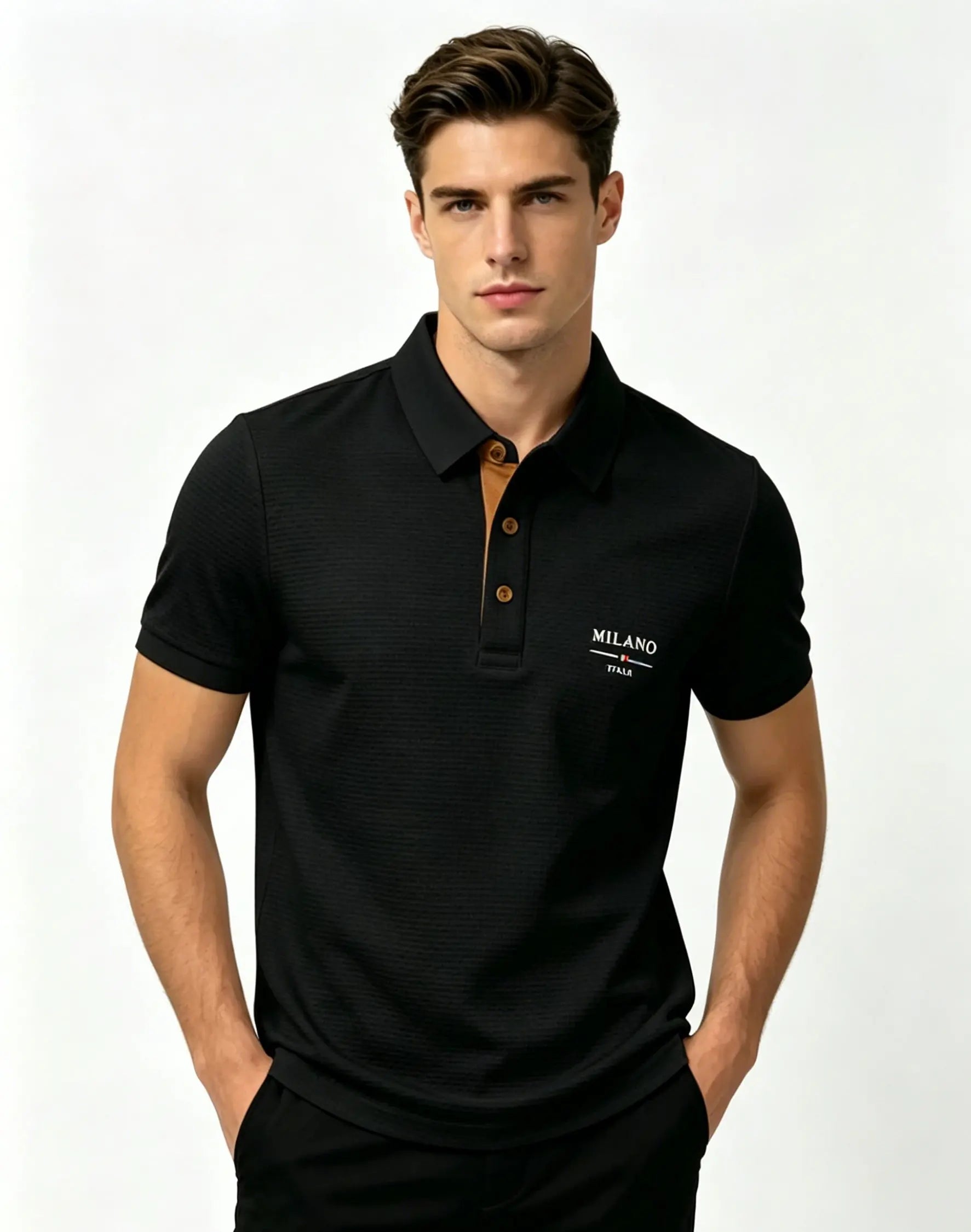 "Playera polo para hombre con diseño jacquard de letras 'Milano Italia', tejido transpirable de secado rápido, top de manga corta casual de negocios, para exteriores y uso diario."