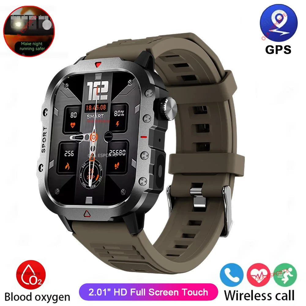 "Nuevo reloj inteligente militar para hombre: linterna LED, rastreador de actividad física y deportes al aire libre, reloj de pulsera resistente al agua IP67 / 3ATM y monitor de salud.