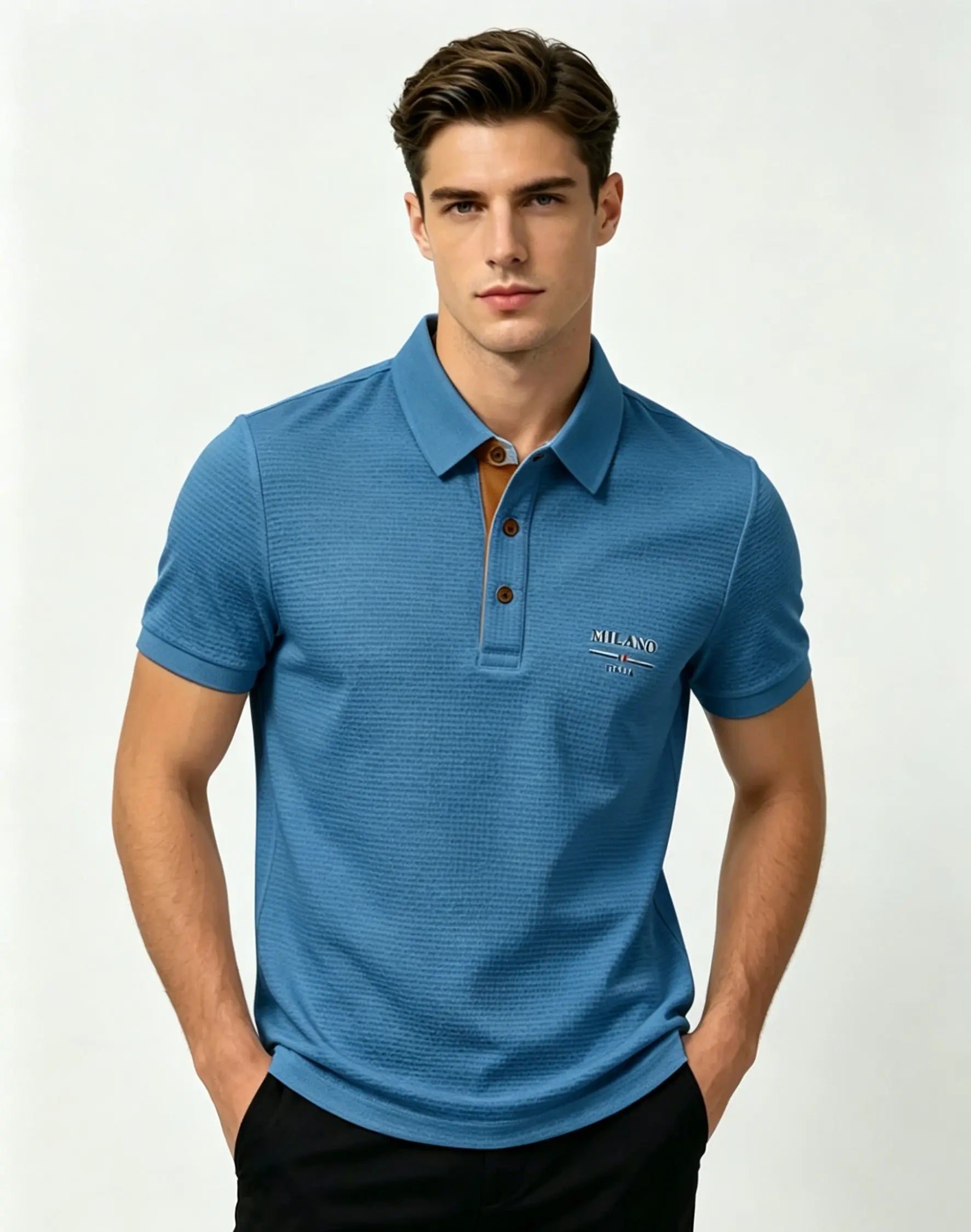 "Playera polo para hombre con diseño jacquard de letras 'Milano Italia', tejido transpirable de secado rápido, top de manga corta casual de negocios, para exteriores y uso diario."