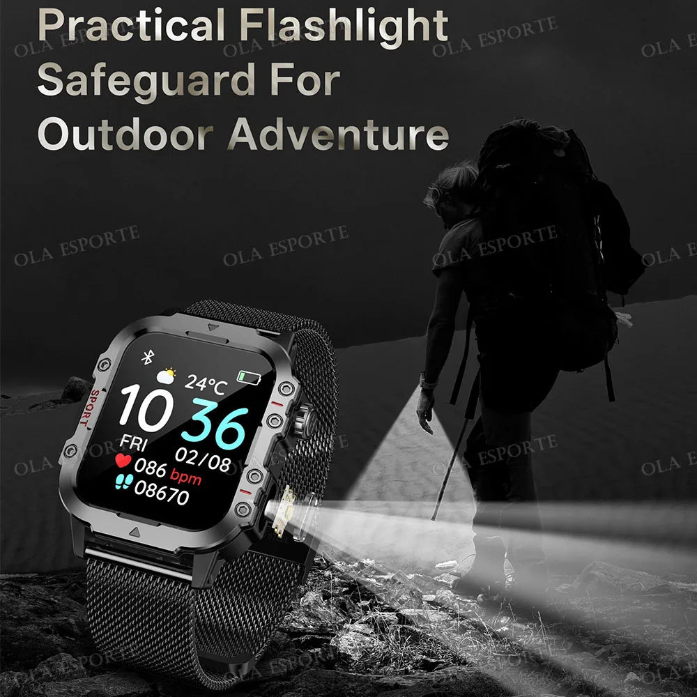 "Nuevo reloj inteligente militar para hombre: linterna LED, rastreador de actividad física y deportes al aire libre, reloj de pulsera resistente al agua IP67 / 3ATM y monitor de salud.