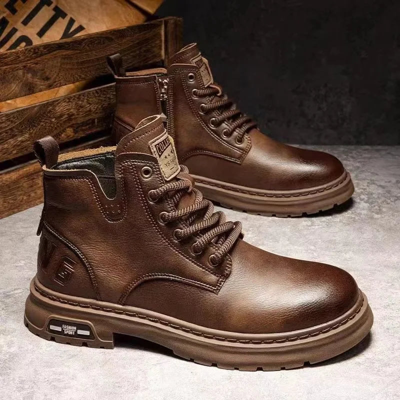 "Botas de moda estilo casual de negocios para hombre: botas de caña corta para primavera y otoño, zapatos de cuero transpirables con elementos de costura decorativa.