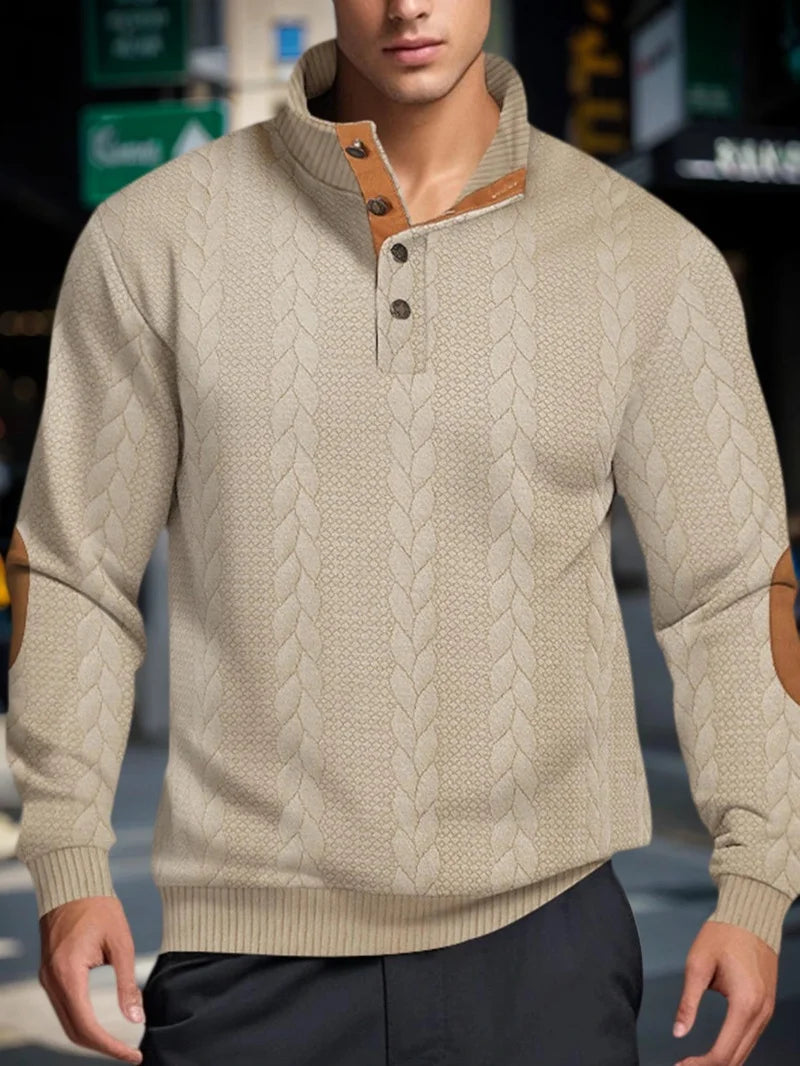 Suéter de punto jacquard para hombre, cuello alto con botones, suéteres abrigados sin cierre (tipo polo), sudadera informal de manga larga para exteriores.
